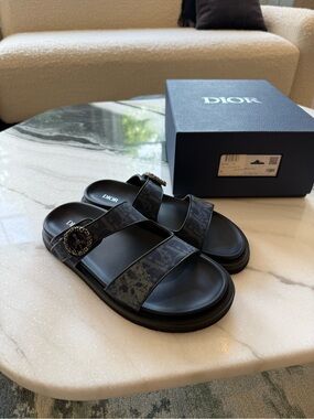 BNIB | Dior Men’s Black Monogram Two-Strap Slide Sandals with Embellished Buckle
